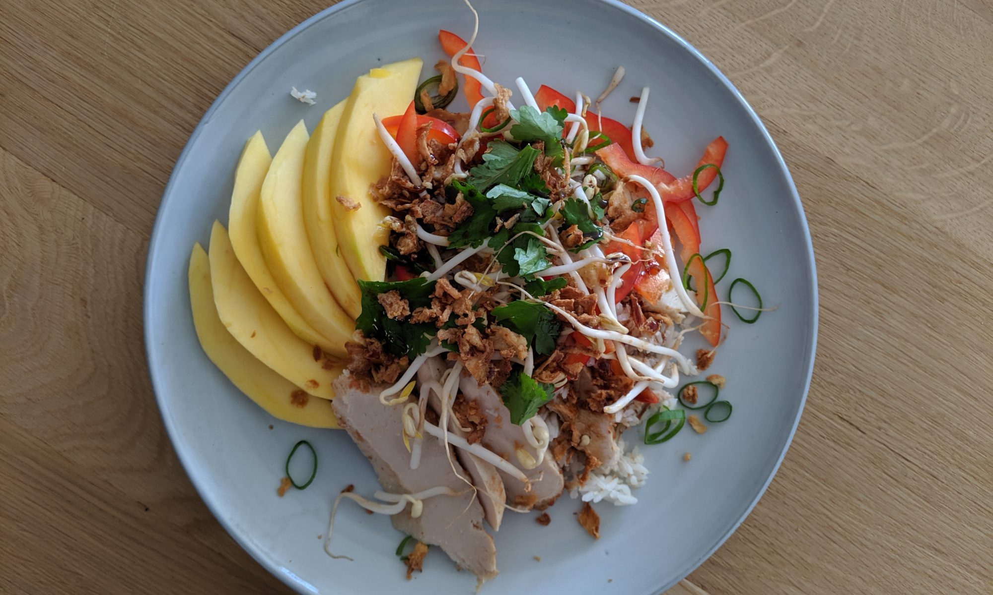 Zomerse salade met kip en mango kokos rode peper taugé